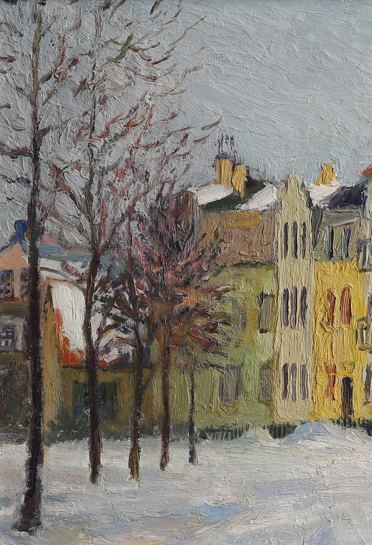 Mid Century Original City Winterscape Oil Painting From Sweden