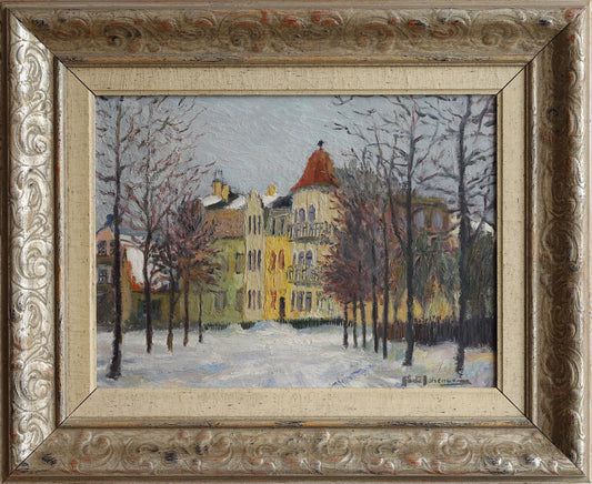 Mid Century Original City Winterscape Oil Painting From Sweden