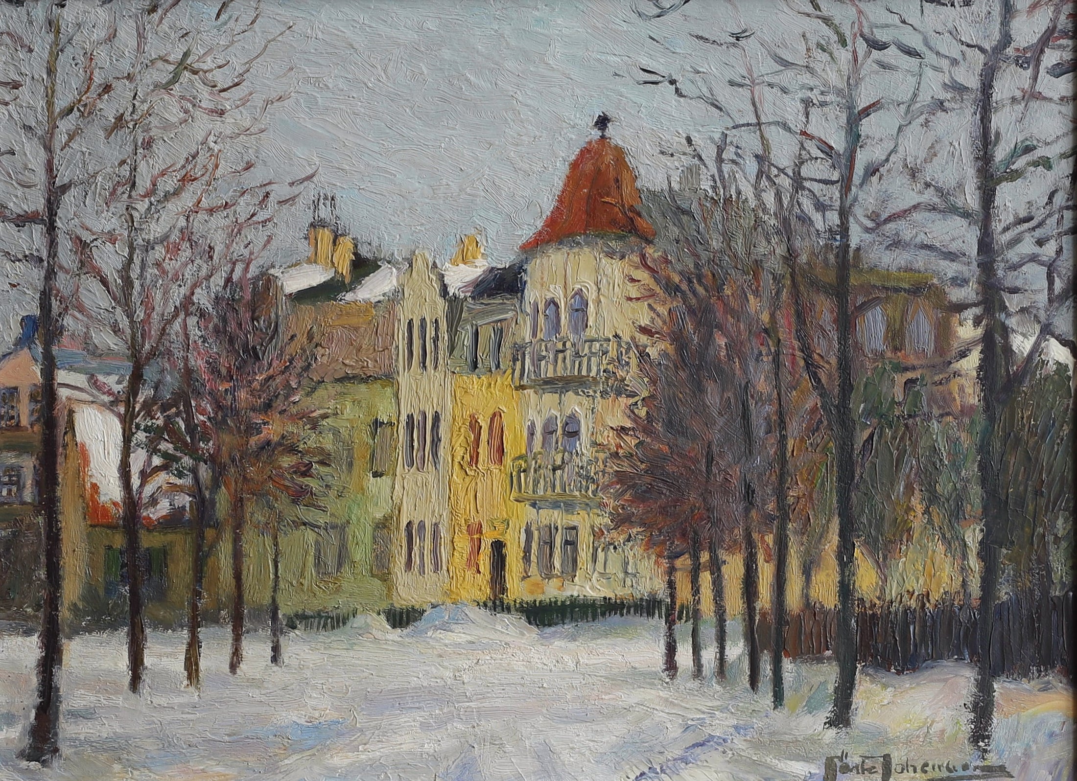Mid Century Original City Winterscape Oil Painting From Sweden
