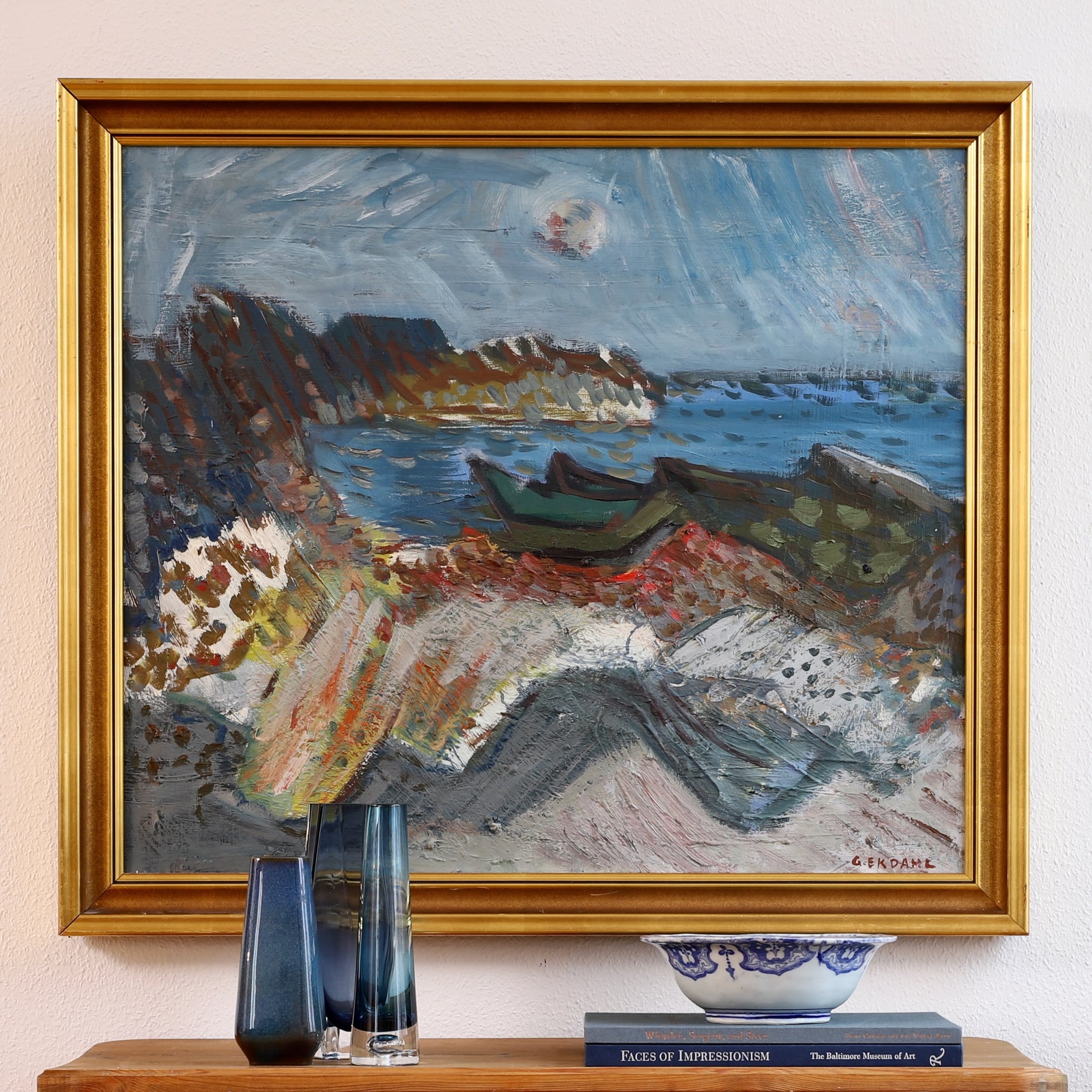 Original Vintage Mid Century Coastal Landscape Oil Painting from Sweden