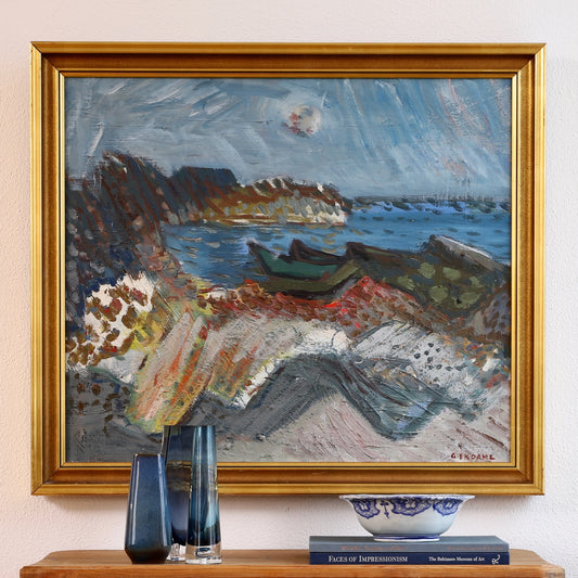 Original Vintage Mid Century Coastal Landscape Oil Painting from Sweden