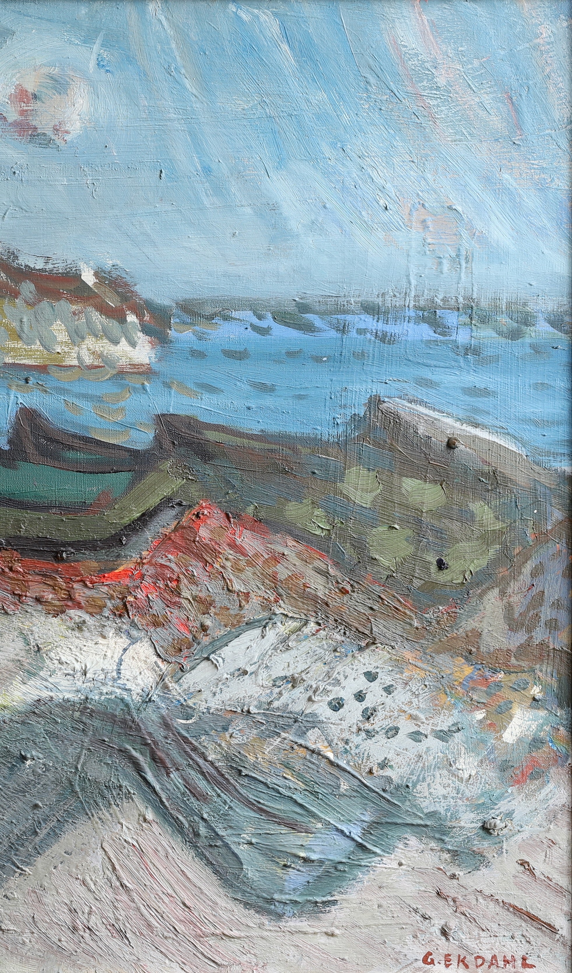 Original Vintage Mid Century Coastal Landscape Oil Painting from Sweden