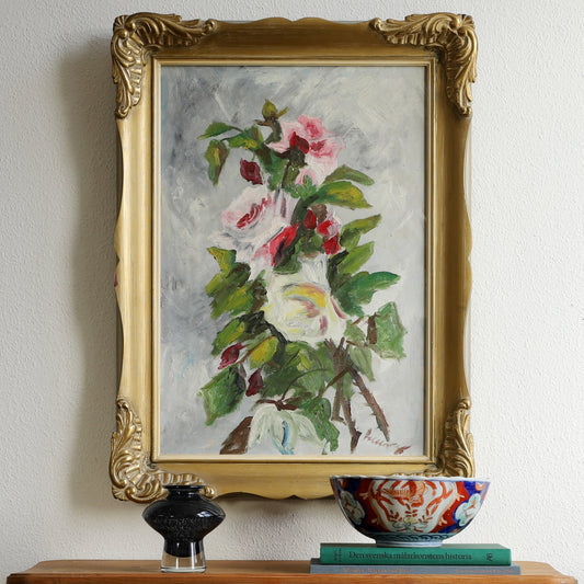 Mid Century Vintage Floral Oil Painting from Sweden