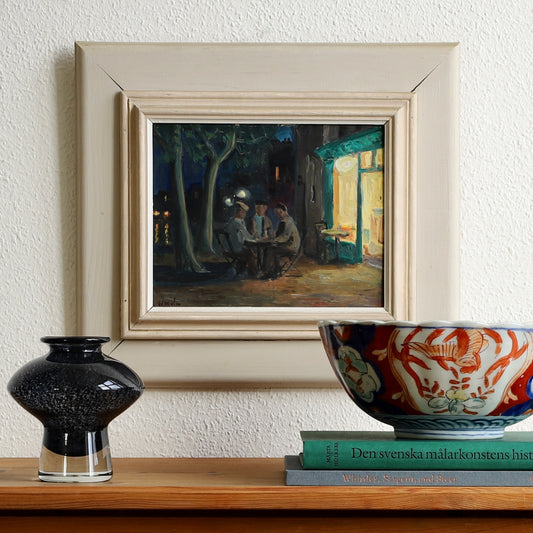 Mid Century Original Cafe Scene Oil Painting By G Malm Sweden