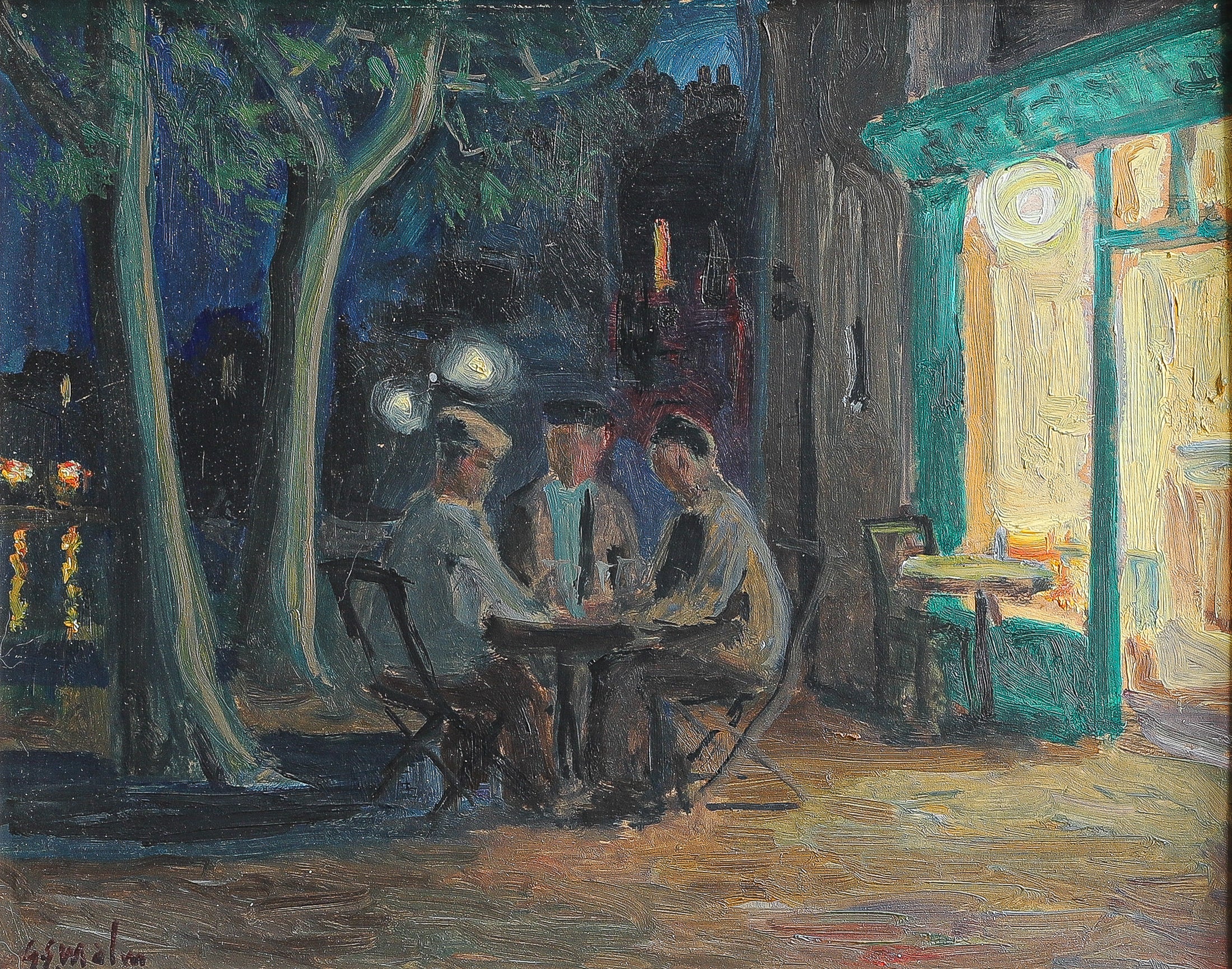 Mid Century Original Cafe Scene Oil Painting By G Malm Sweden