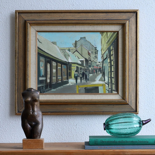 Original Vintage Mid Century Street Scene Oil Painting from Sweden