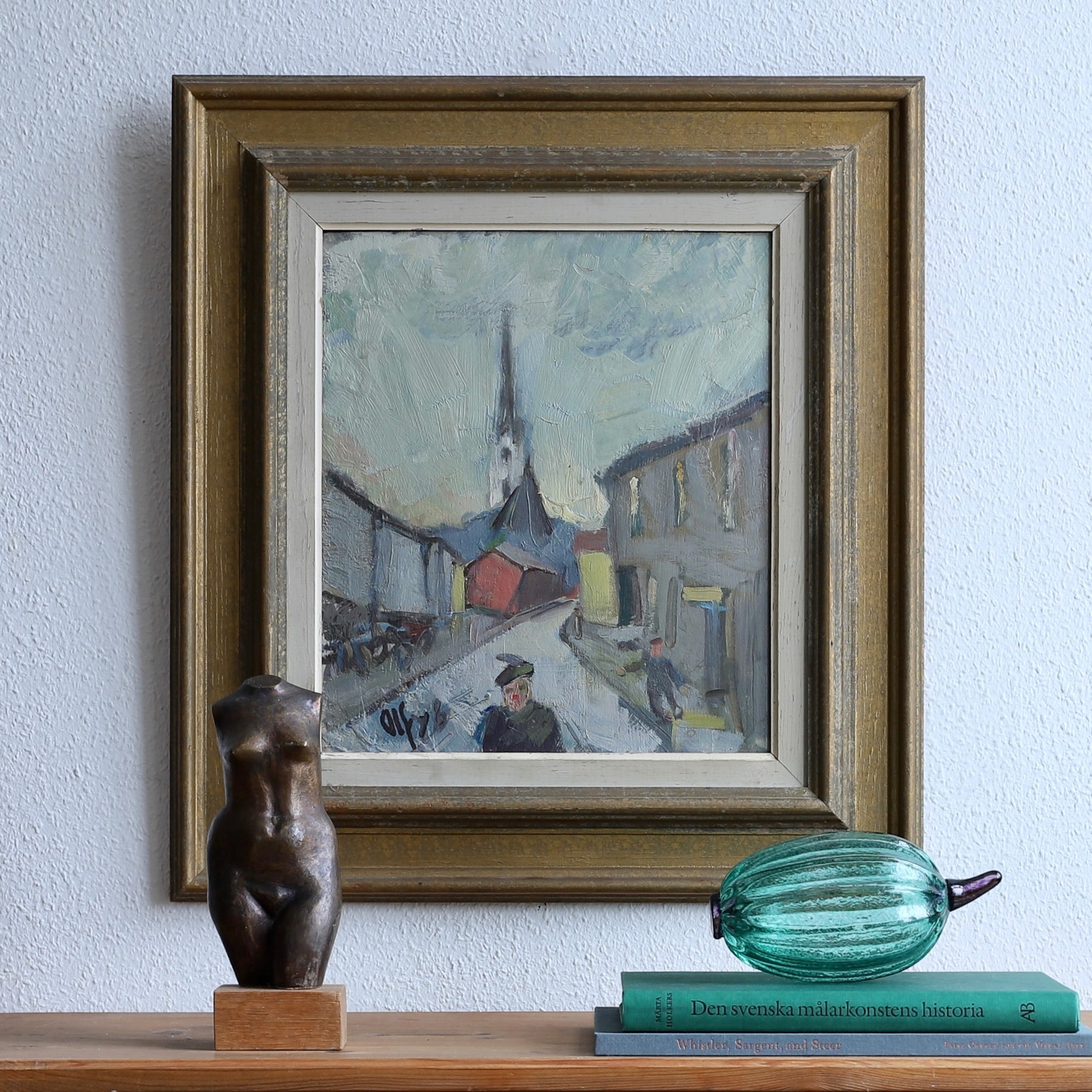 Mid Century Vintage Street Scene Oil Painting from Sweden 1948