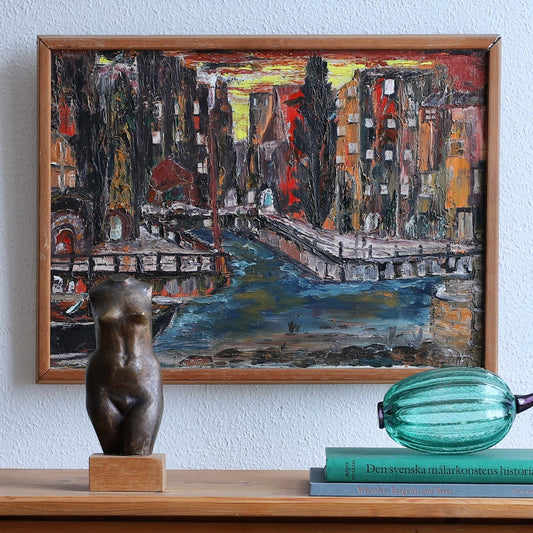 Mid Century Original Cityscape Oil Painting from Sweden