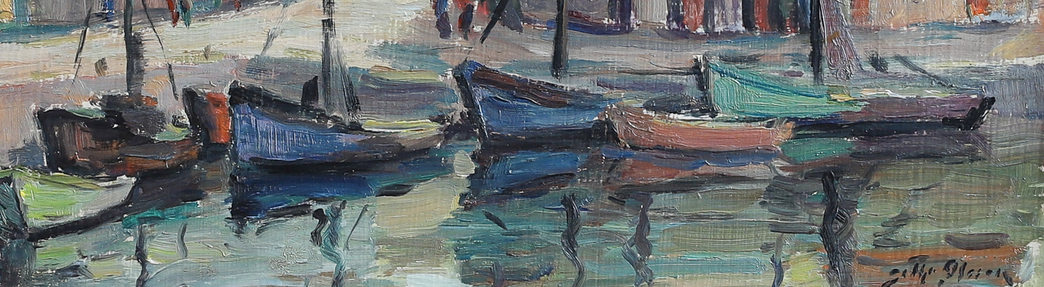 Colorful Vintage Original Harbor Oil Painting From Sweden