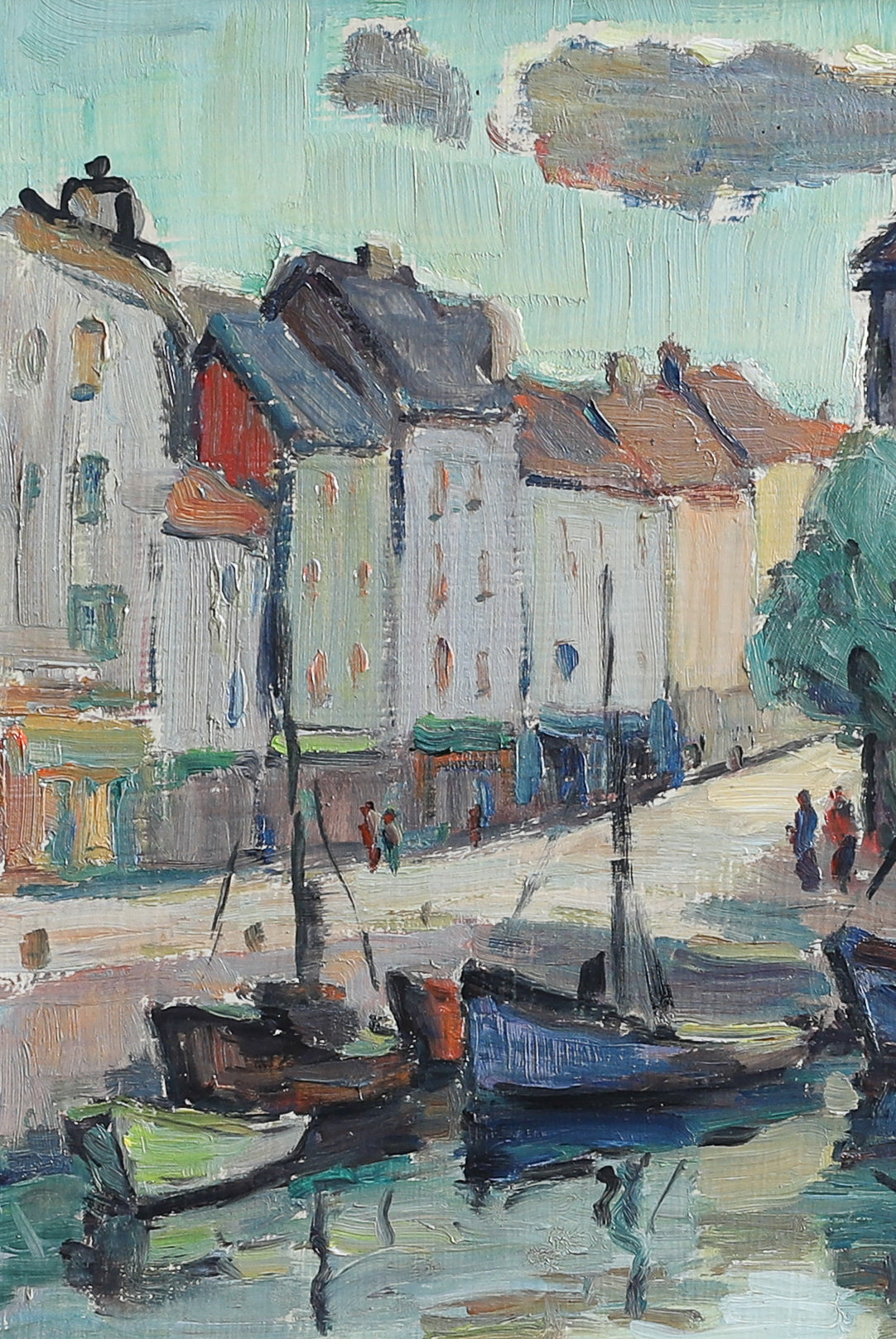 Colorful Vintage Original Harbor Oil Painting From Sweden