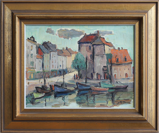 Colorful Vintage Original Harbor Oil Painting From Sweden