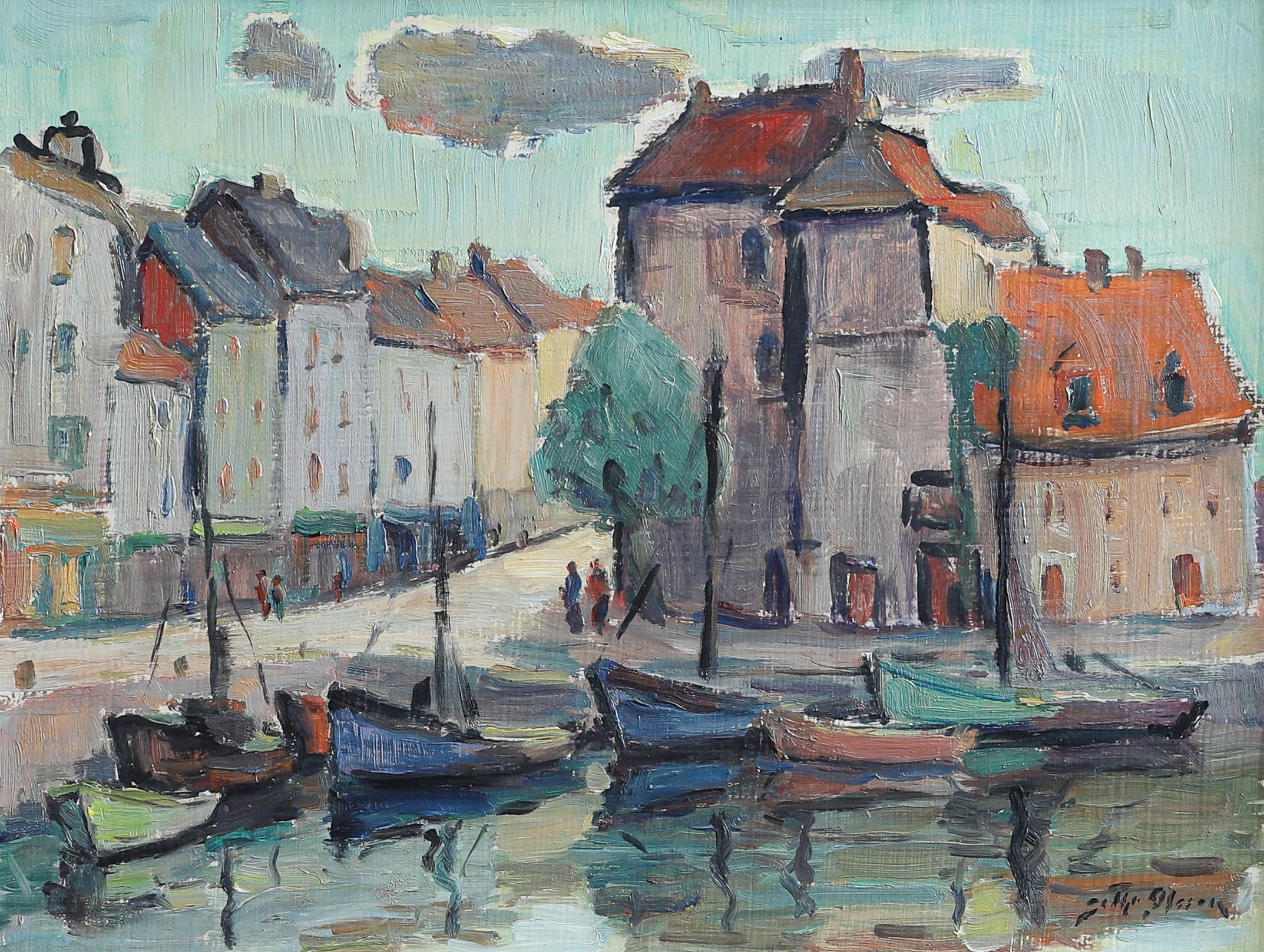Colorful Vintage Original Harbor Oil Painting From Sweden