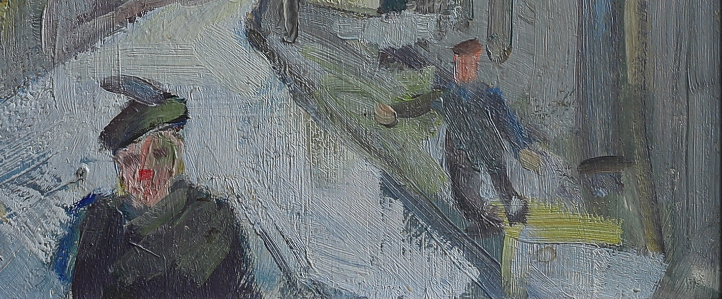 Mid Century Vintage Street Scene Oil Painting from Sweden 1948