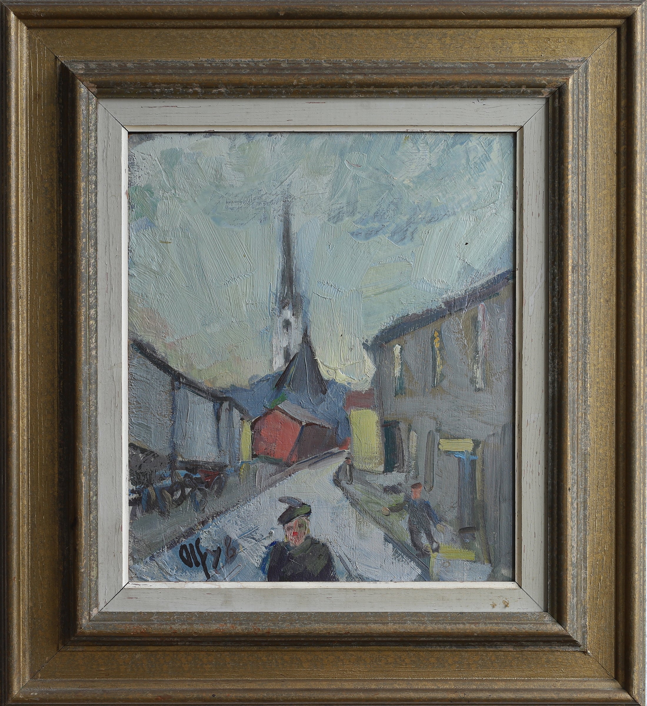 Mid Century Vintage Street Scene Oil Painting from Sweden 1948