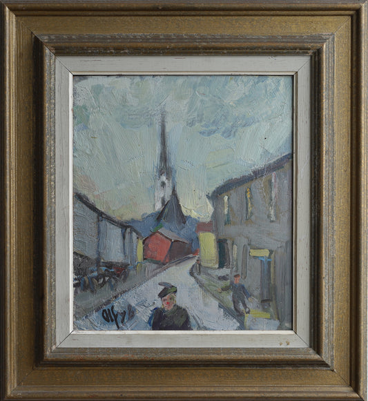 Mid Century Vintage Street Scene Oil Painting from Sweden 1948