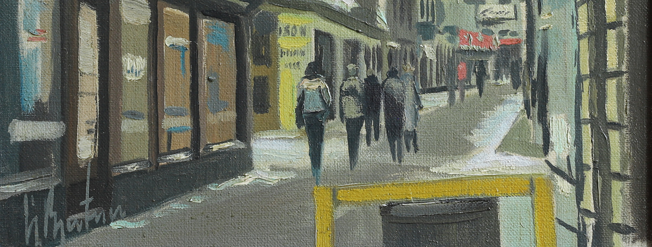 Original Vintage Mid Century Street Scene Oil Painting from Sweden
