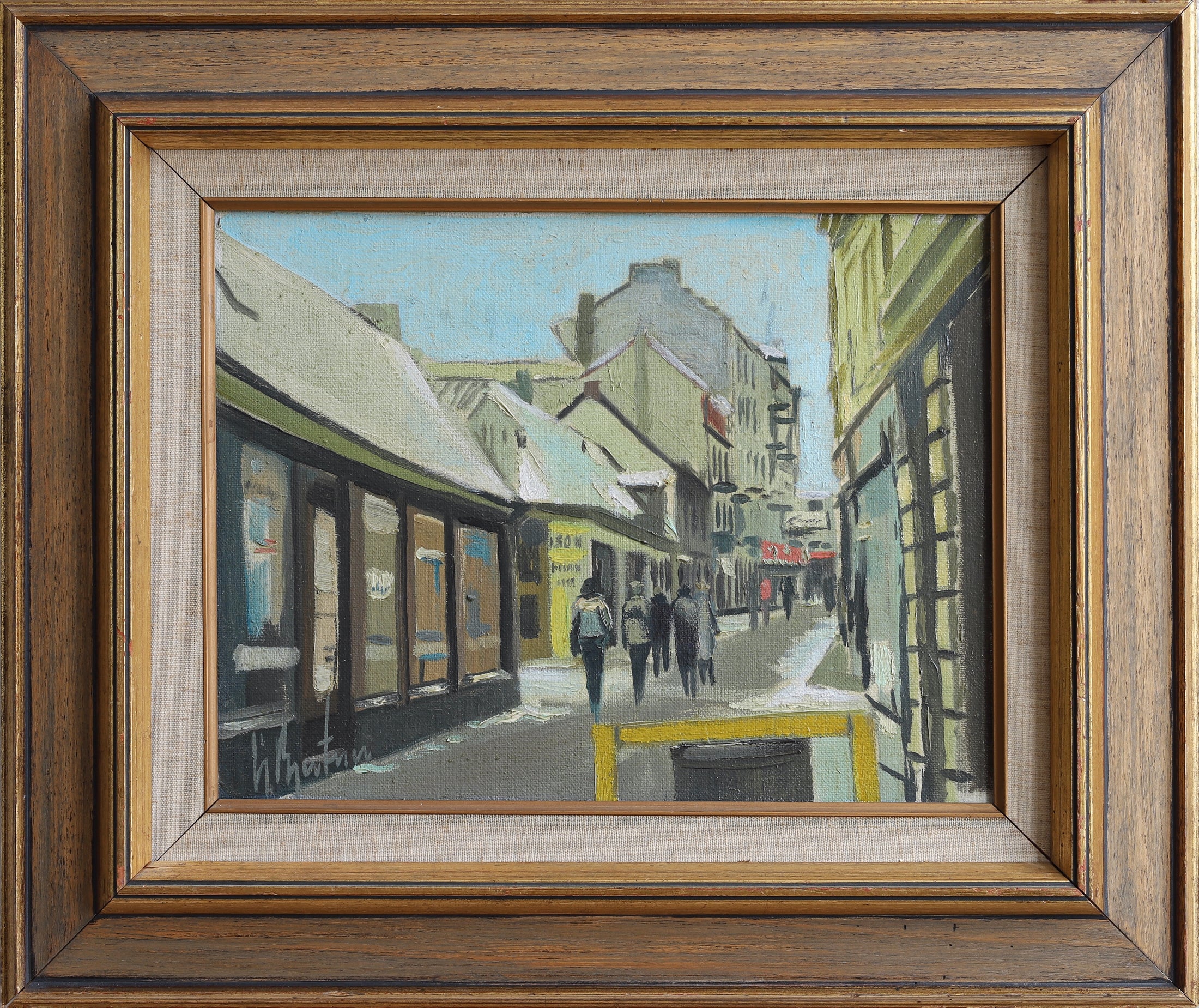 Original Vintage Mid Century Street Scene Oil Painting from Sweden