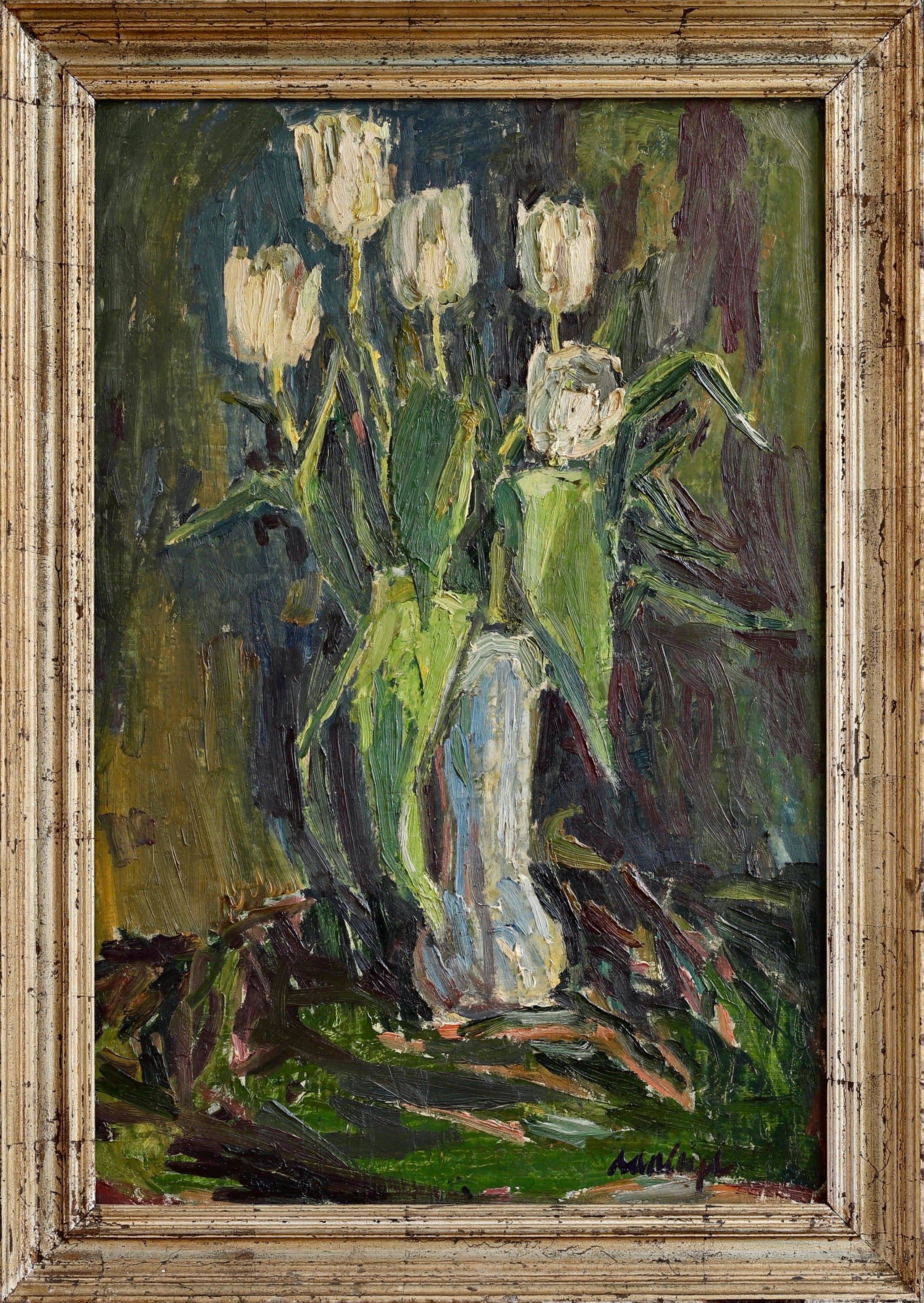 Mid Century Original Still Life Oil Painting of Tulips From Sweden