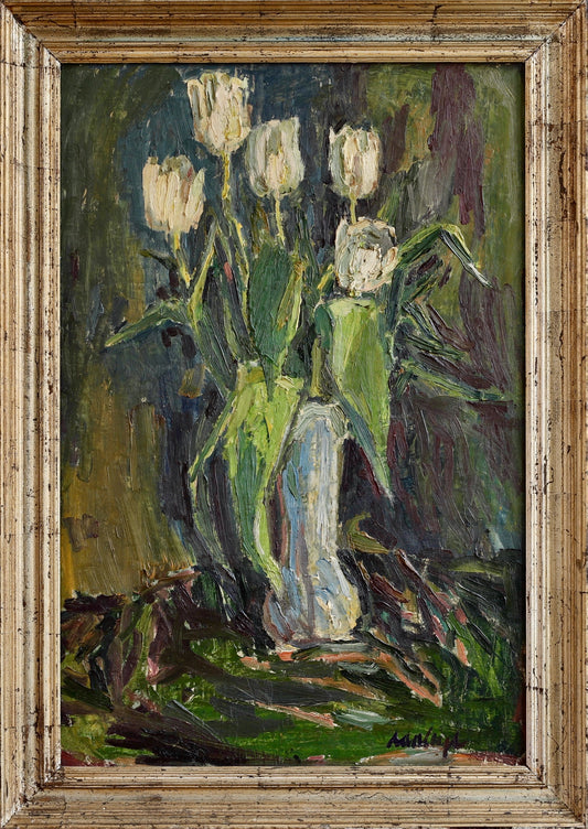 Mid Century Original Still Life Oil Painting of Tulips From Sweden