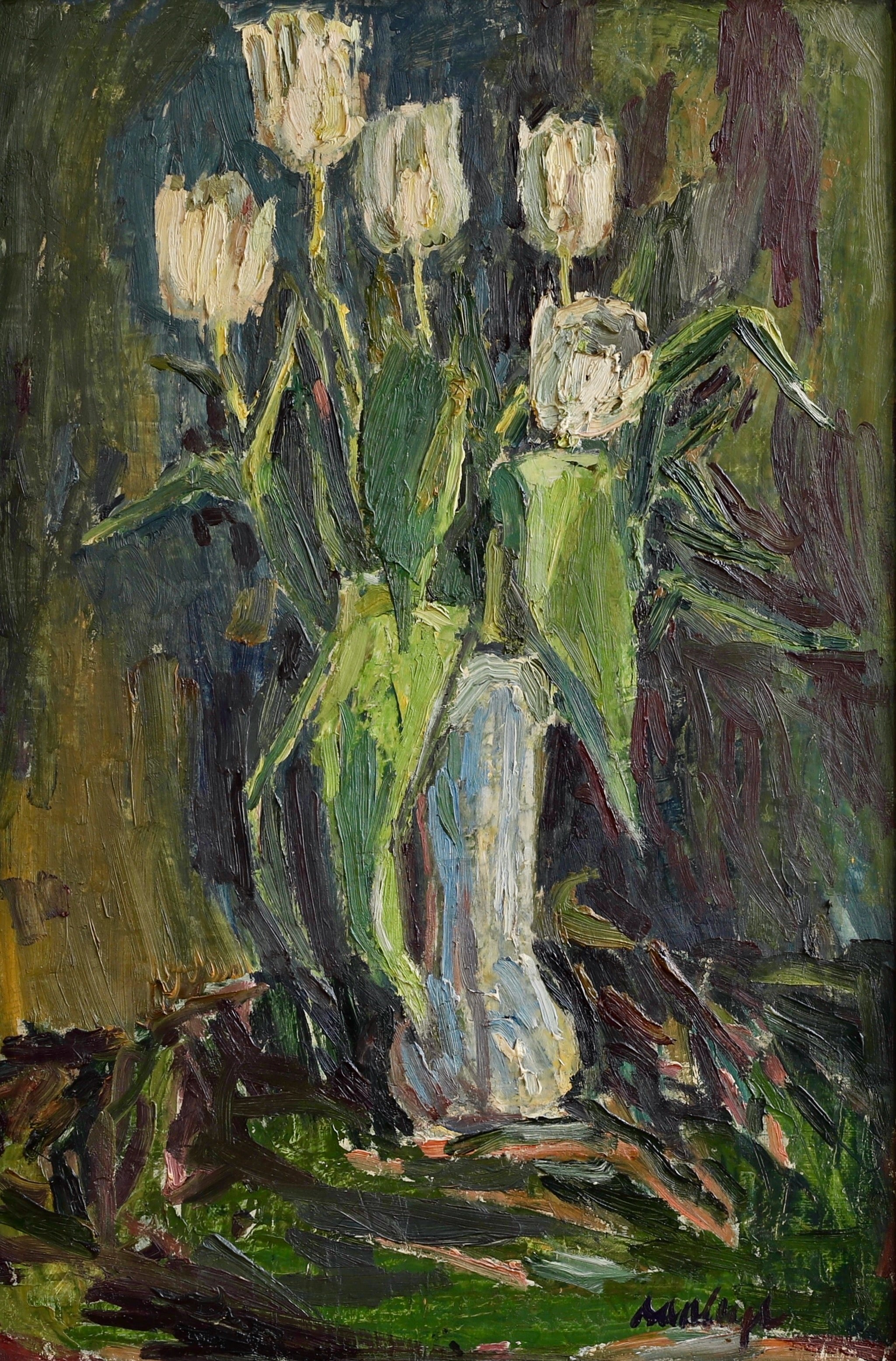 Mid Century Original Still Life Oil Painting of Tulips From Sweden