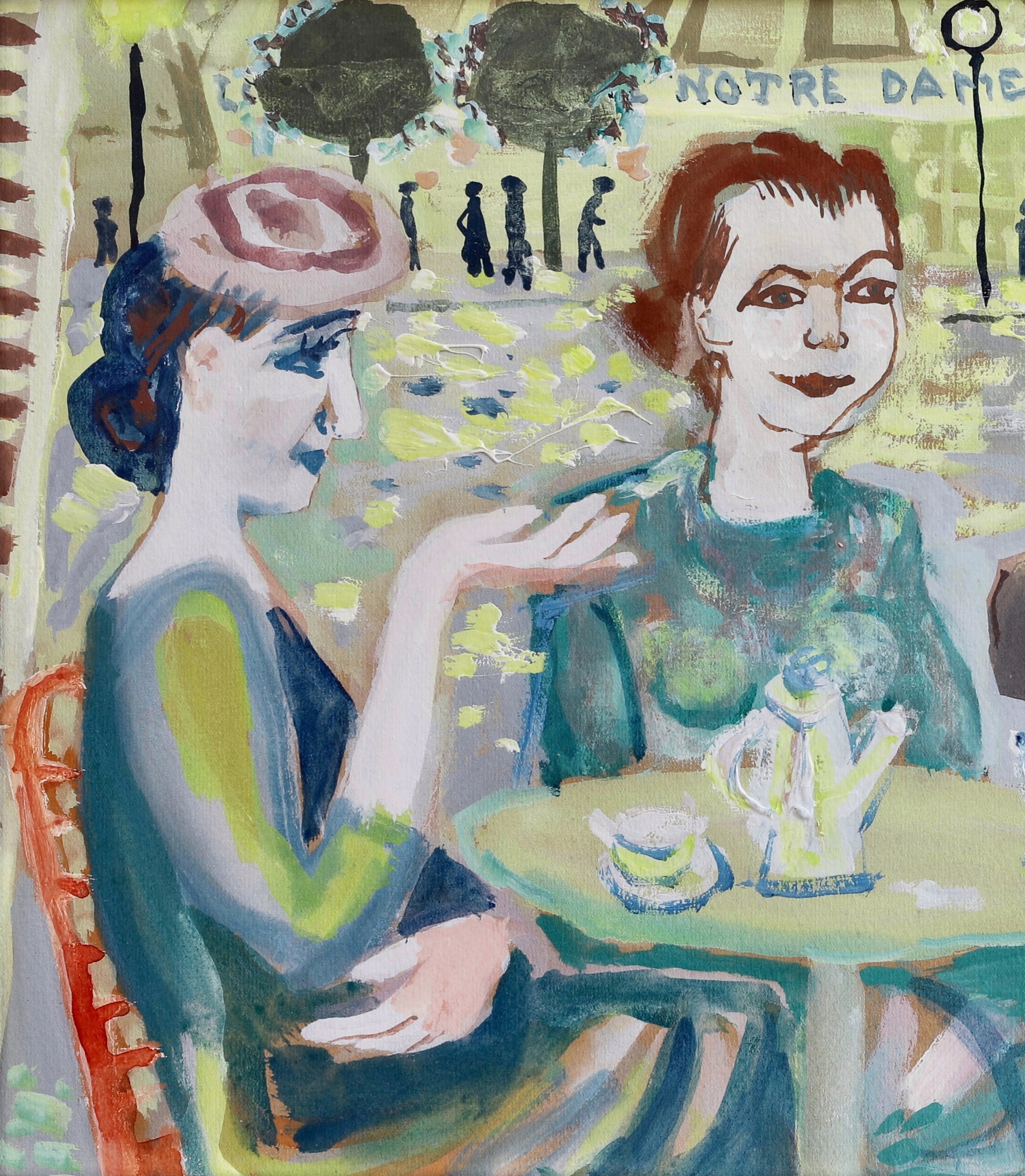 Mid Century Vintage Original Painting of Parisian Cafe 1956