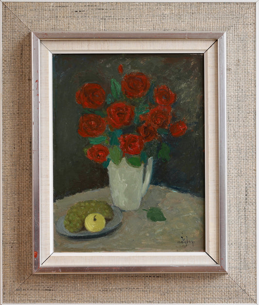 Original Red Roses Still Life Oil Painting Vintage Mid Century from Sweden
