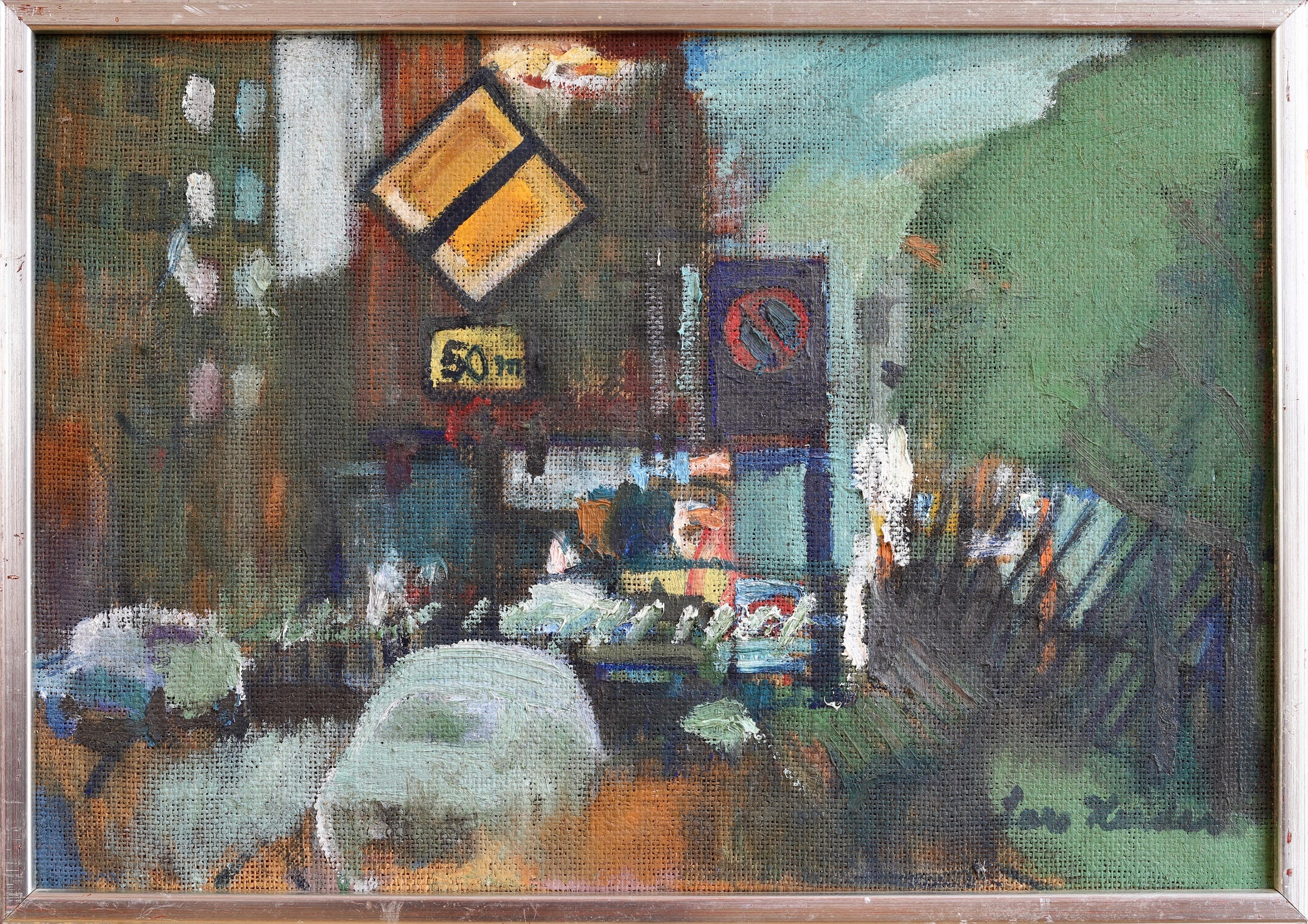 Vintage Art Mid Century Cityscape Oil Painting from Sweden
