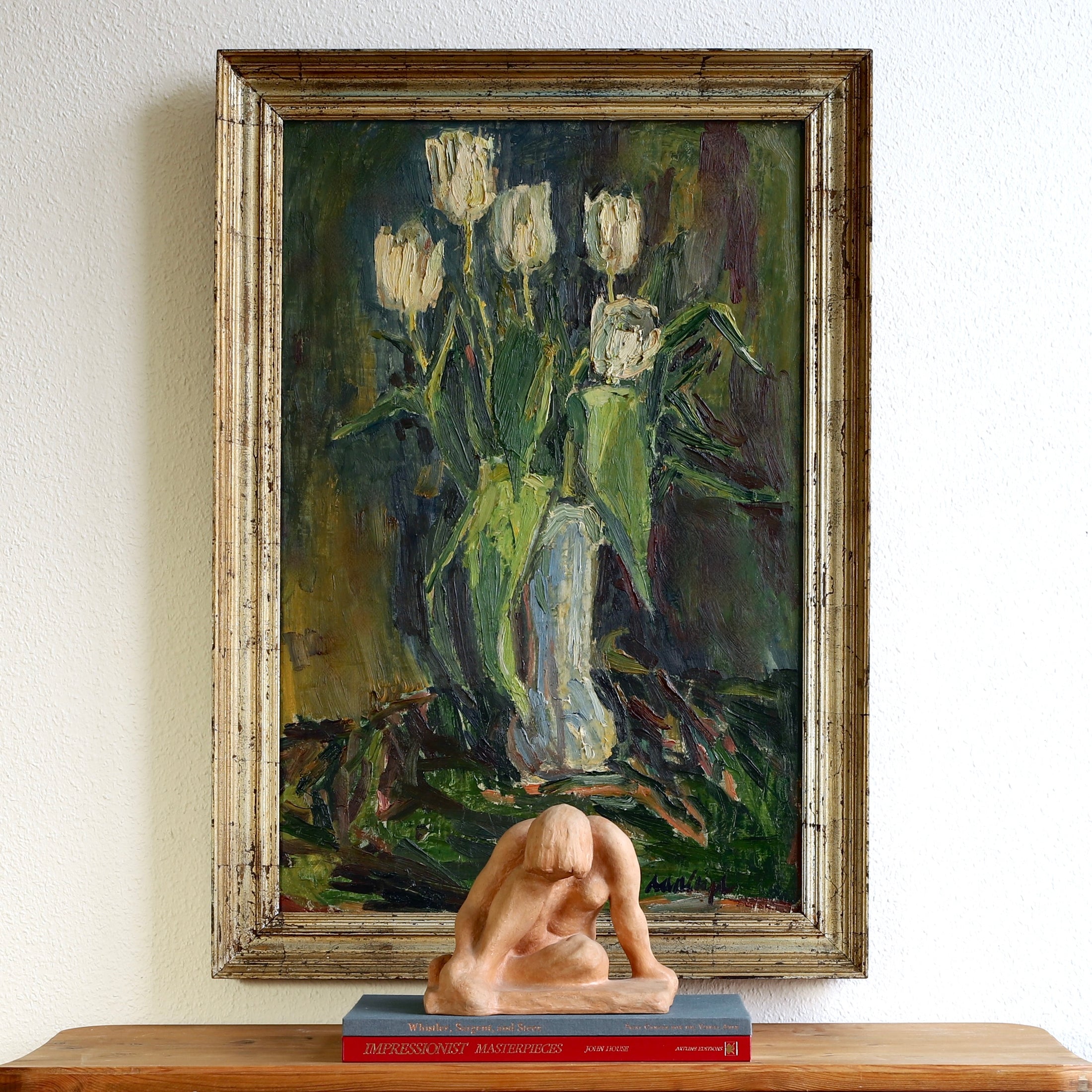 Mid Century Original Still Life Oil Painting of Tulips From Sweden
