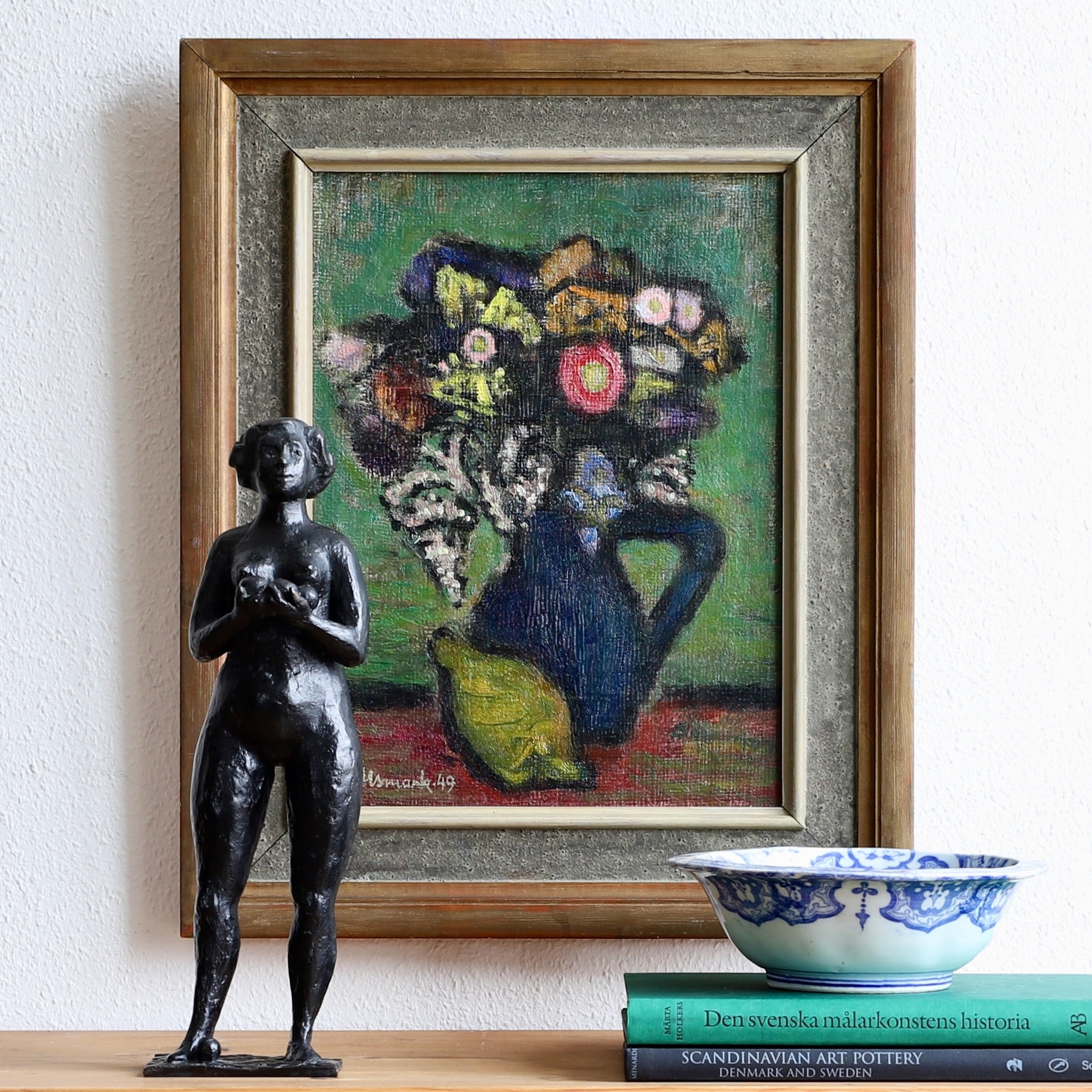 Vintage Art Mid Century Colorful Still Life Oil Painting Sweden 1949