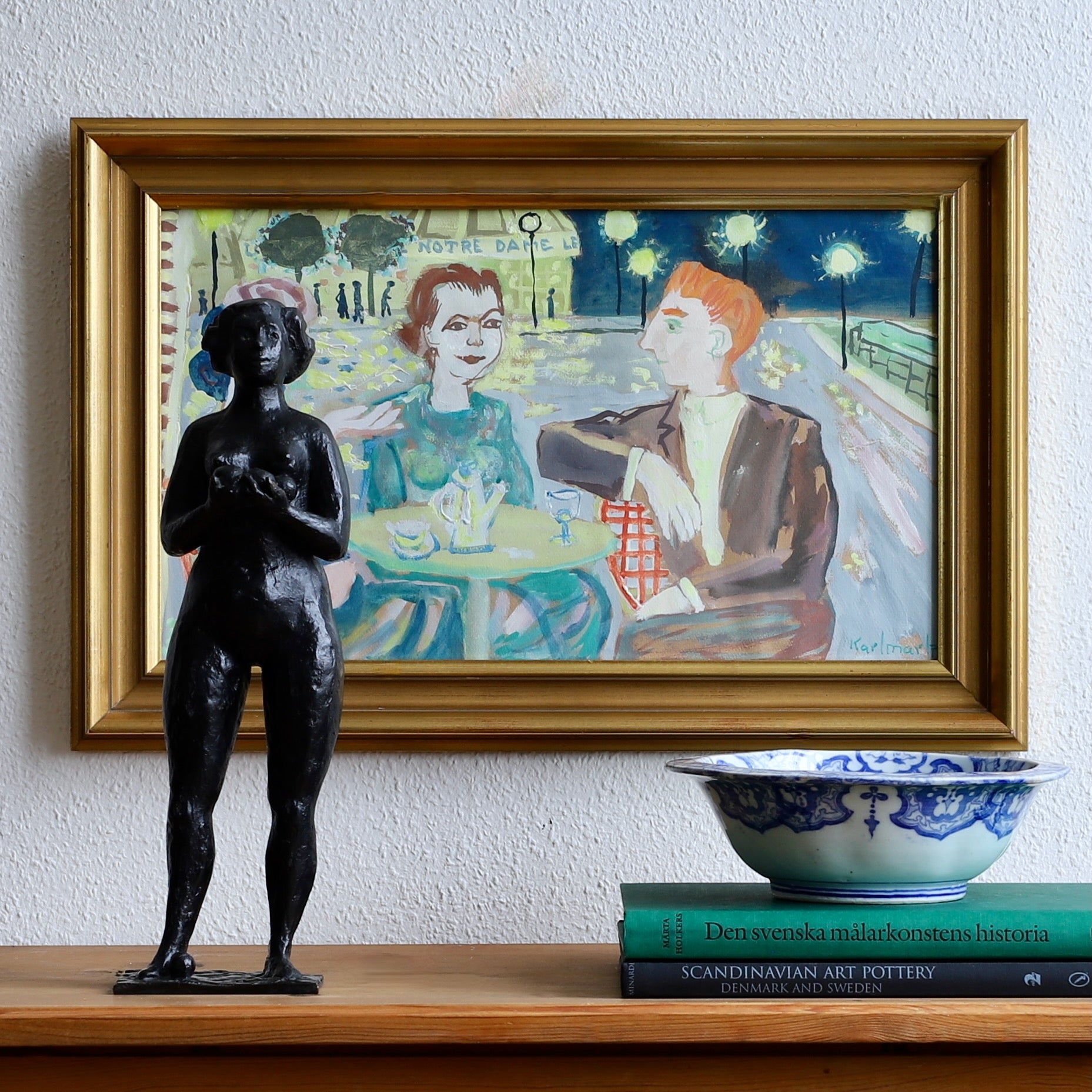 Mid Century Vintage Original Painting of Parisian Cafe 1956