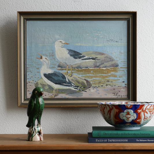 Vintage Original Oil Painting of Seagulls from Sweden