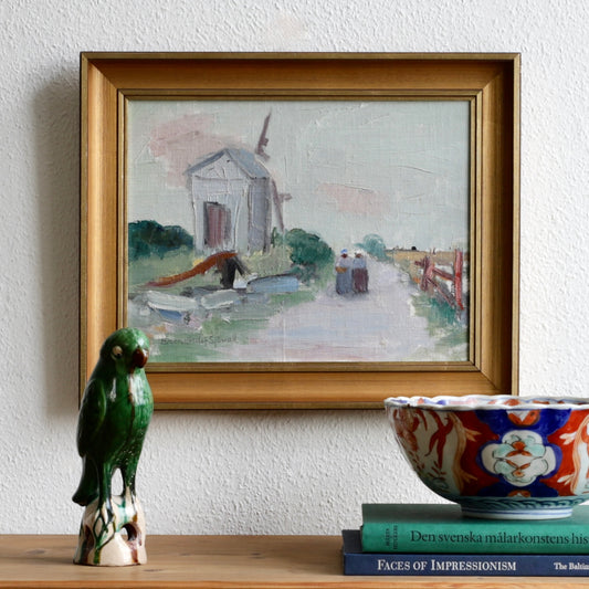 Vintage Mid Century Original Windmill Oil Painting from Sweden