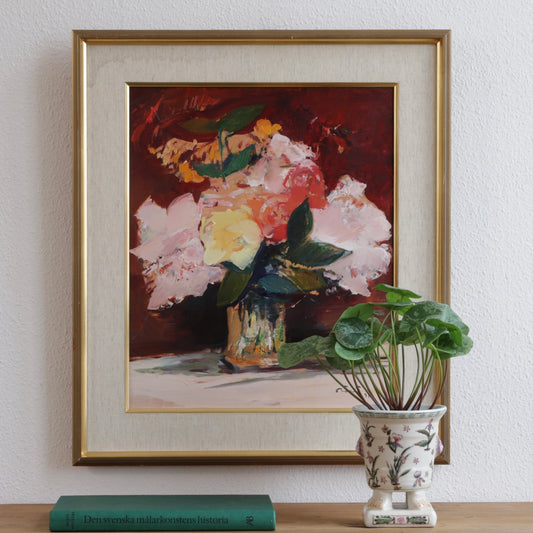 Colorful Mid Centry Vintage Still Life Oil Painting from Sweden