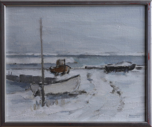 Vintage Art Mid Century Oil Painting Coastal Scene from Sweden