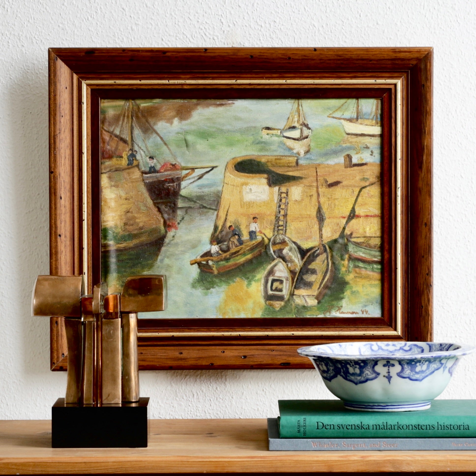 Vintage Original Mid Century Harbor Scene Oil Painting from Sweden 1944