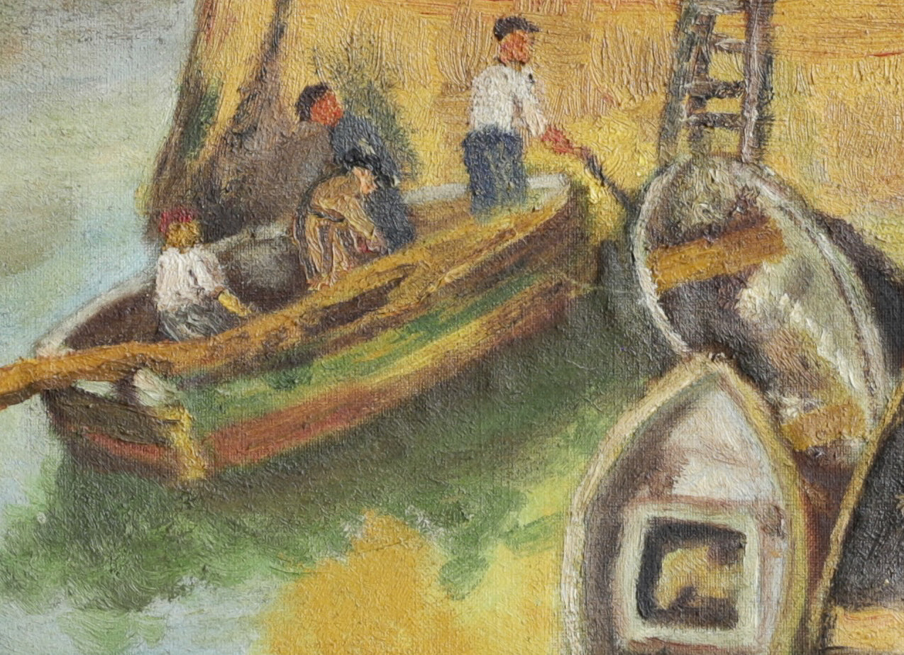 Vintage Original Mid Century Harbor Scene Oil Painting from Sweden 1944
