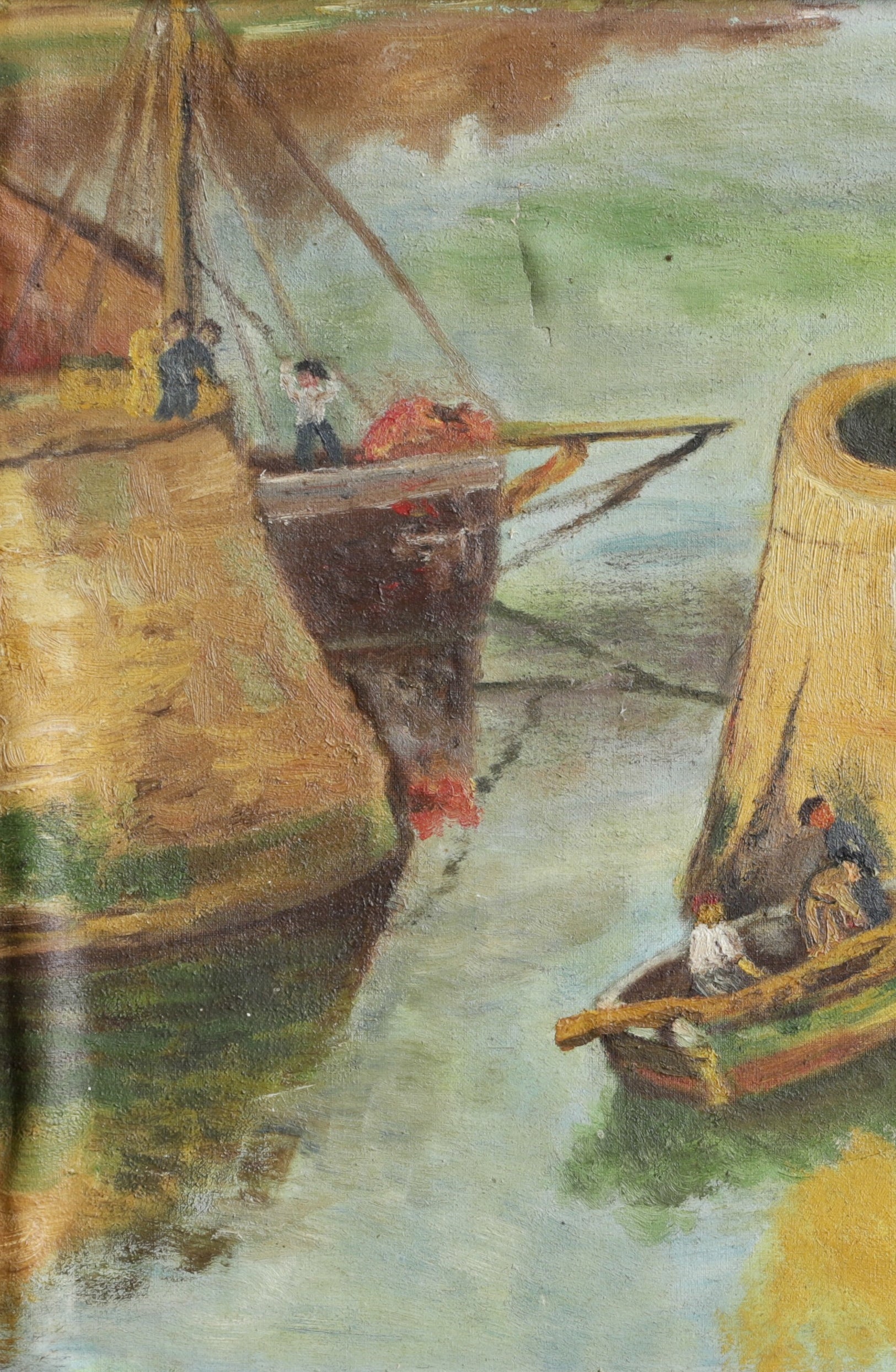 Vintage Original Mid Century Harbor Scene Oil Painting from Sweden 1944