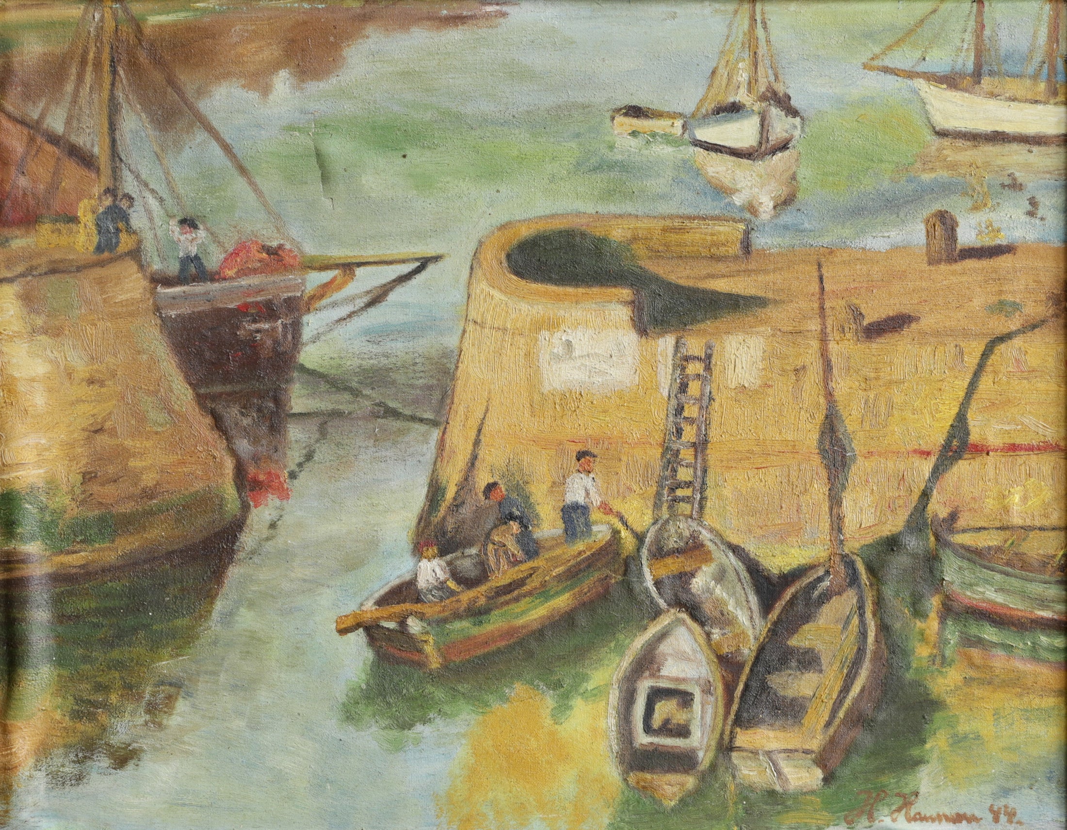Vintage Original Mid Century Harbor Scene Oil Painting from Sweden 1944