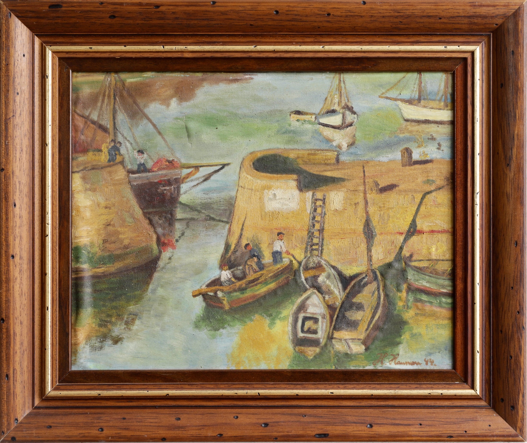 Vintage Original Mid Century Harbor Scene Oil Painting from Sweden 1944