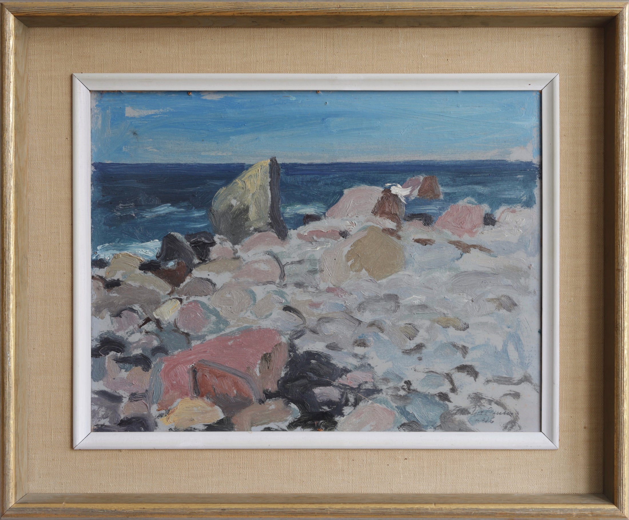 Vintage Mid Century Coastal Oil Painting from Sweden 1946