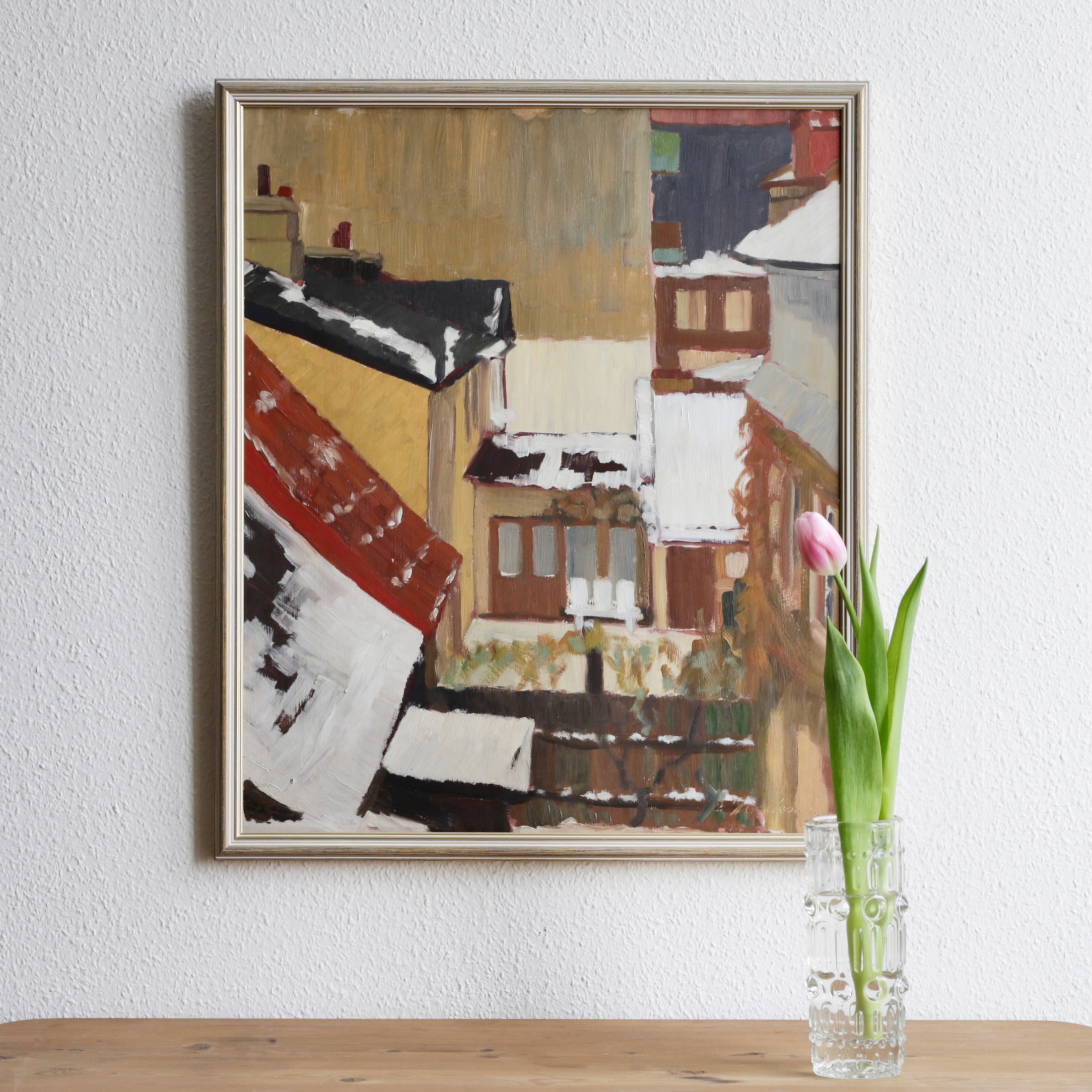 Vintage Mid Century Original Winter Cityscape from Sweden 1961