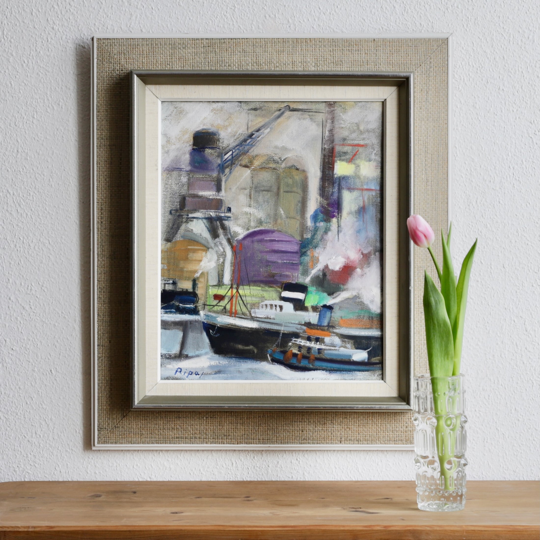 Original Vintage Art Harbor Oil Painting From Sweden