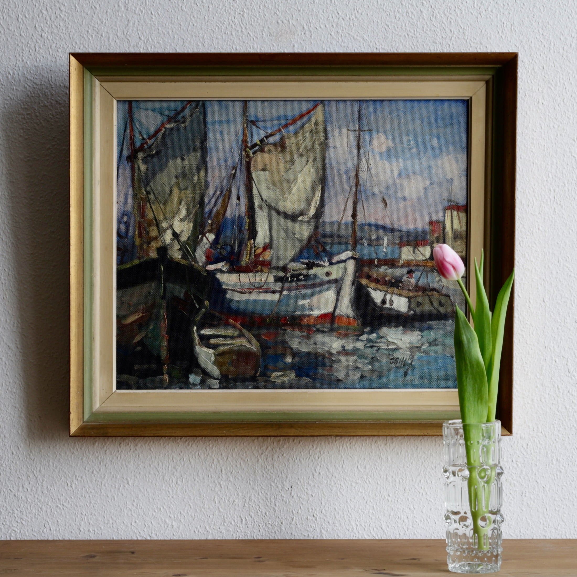 Original Vintage Art Sailboat Oil Painting By T Ahlm Sweden