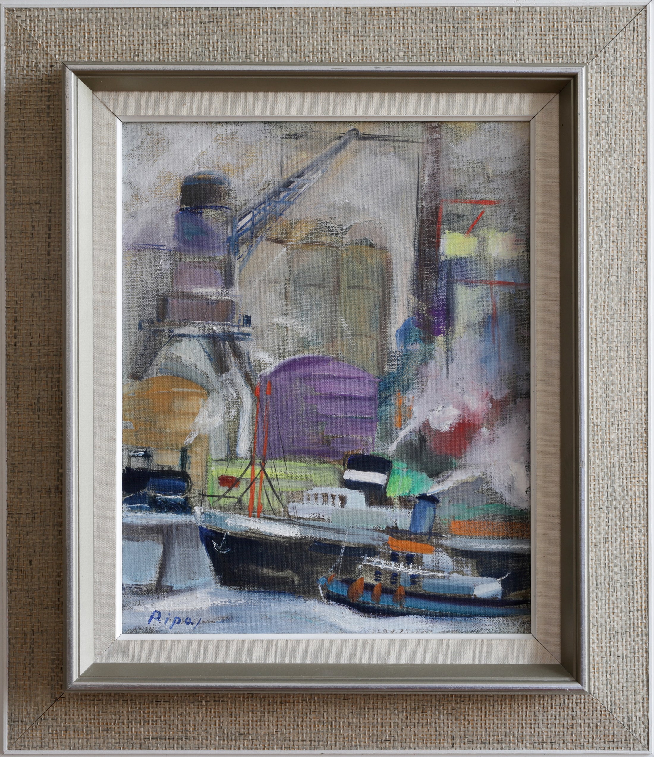 Original Vintage Art Harbor Oil Painting From Sweden