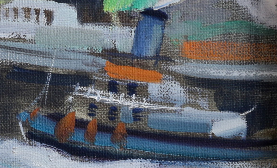 Original Vintage Art Harbor Oil Painting From Sweden