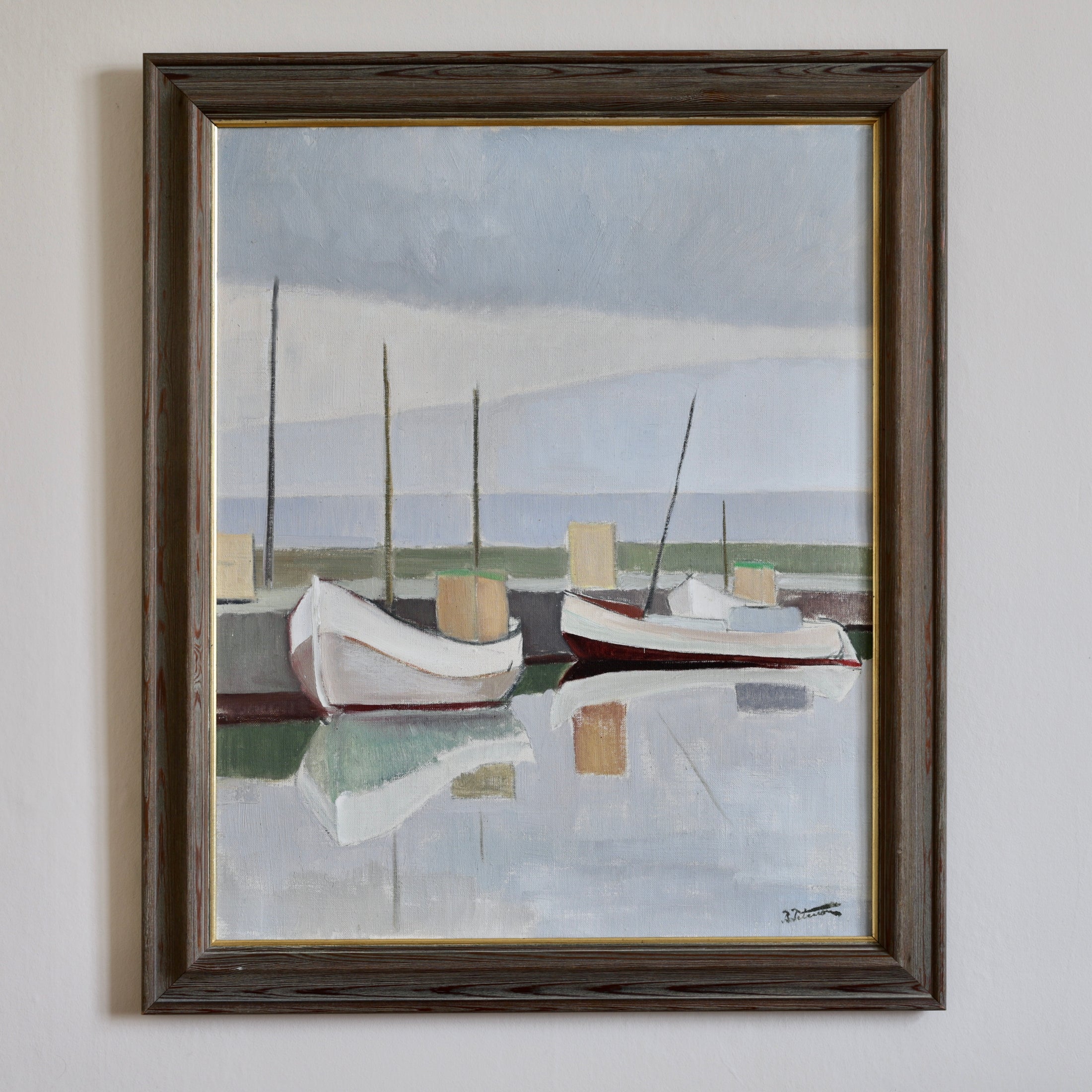 Mid Century Vintage Original Boat Oil Painting from Sweden