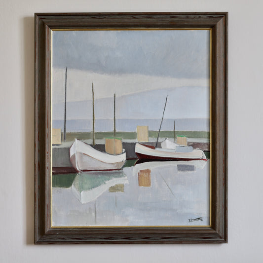 Mid Century Vintage Original Boat Oil Painting from Sweden