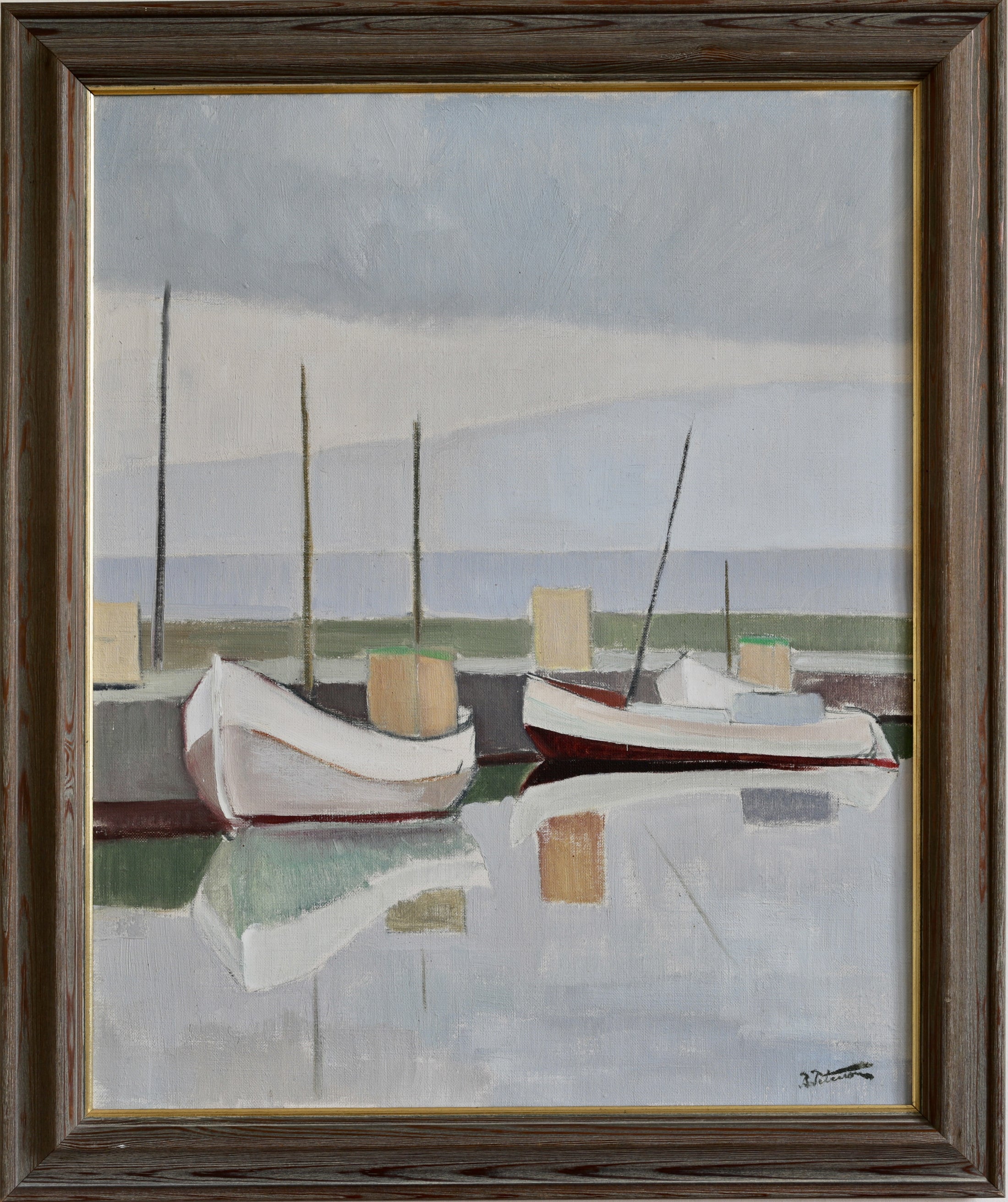 Mid Century Vintage Original Boat Oil Painting from Sweden