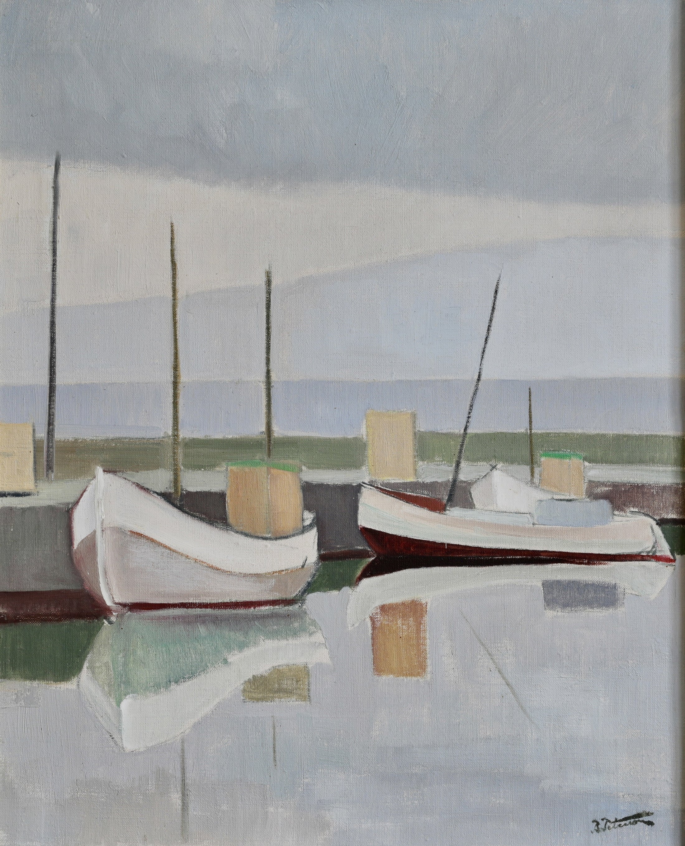 Mid Century Vintage Original Boat Oil Painting from Sweden