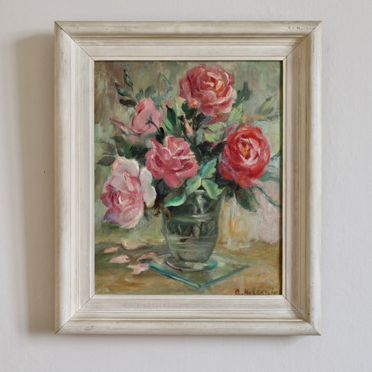 Original Mid Century Still Life Oil Painting Roses from Sweden